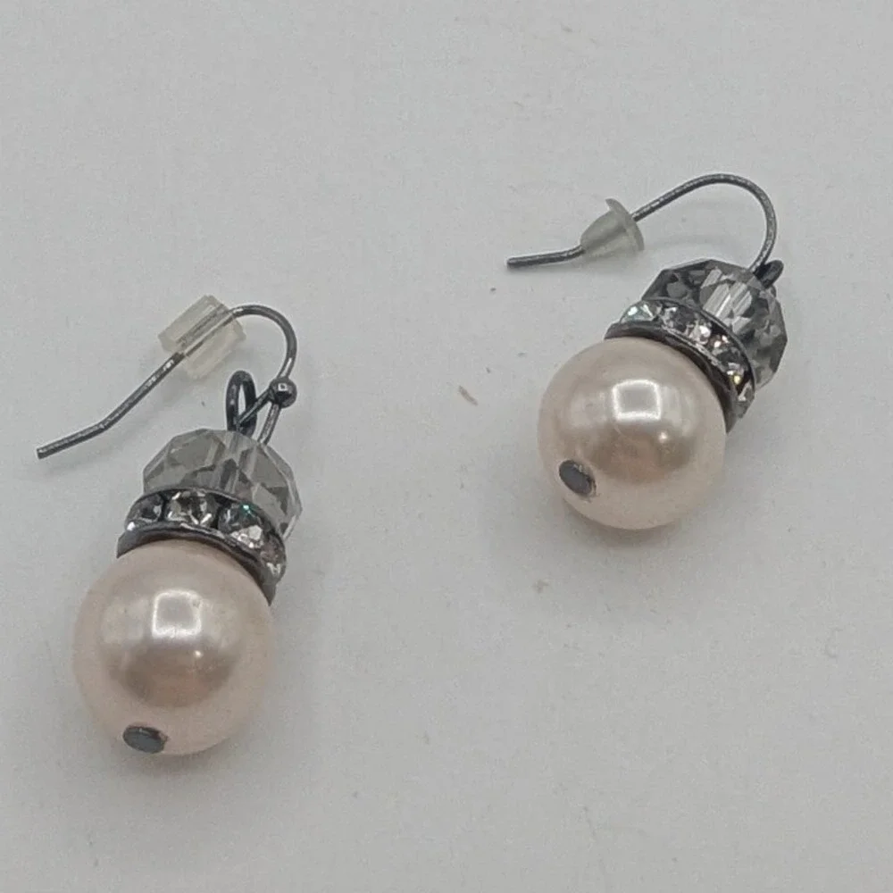 Cream Faux Pearl Smokey Grey Crystal Rhinestone Silver Tone Drop Earrings 1.25